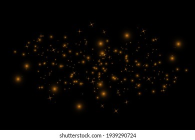 The dust is white. White sparks and golden stars shine with a special light. Vector sparkles on a transparent background. Christmas abstract illustration. Sparkling magical dust particles.