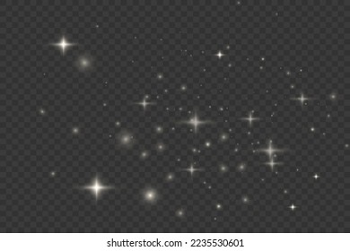 Dust white. White sparks and golden stars shine with special light. Vector sparkles on a transparent background. Christmas abstract pattern.
