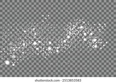 Dust white. White sparks and golden stars shine with special light. Vector sparkles on a transparent background. Christmas abstract pattern.