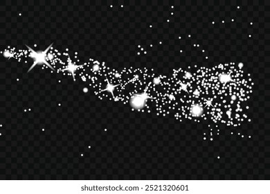 Pó branco. As faíscas brancas e as estrelas douradas brilham com luz especial. Brilhos de vetor em um plano de fundo transparente. Padrão abstrato de Natal.