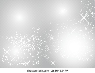 Dust white. White sparks and golden stars shine with special light. Vector sparkles on a transparent background. Christmas abstract pattern