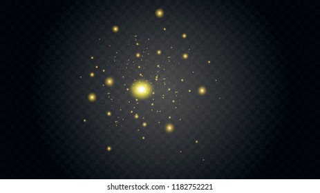 The dust is yellow. yellow sparks and golden stars shine with special light. Vector sparkles on a transparent background. Christmas light effect. Sparkling magical dust particles
