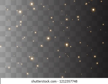 O pó é amarelo. faíscas amarelas e estrelas douradas brilham com luz especial. Vector brilha em um fundo transparente. Efeito de luz de Natal. Partículas espumantes mágicas de poeira.