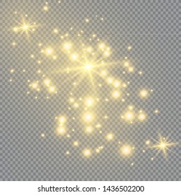 The dust is yellow. yellow sparks and golden stars shine with special light. Vector sparkles on a transparent background. Christmas light effect. Sparkling magical dust particles.