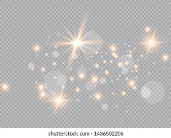 The dust is yellow. yellow sparks and golden stars shine with special light. Vector sparkles on a transparent background. Christmas light effect. Sparkling magical dust particles.