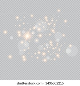 The dust is yellow. yellow sparks and golden stars shine with special light. Vector sparkles on a transparent background. Christmas light effect. Sparkling magical dust particles.