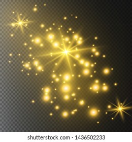 The dust is yellow. yellow sparks and golden stars shine with special light. Vector sparkles on a transparent background. Christmas light effect. Sparkling magical dust particles.