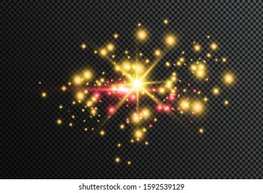 The dust is yellow. yellow sparks and golden stars shine with special light. Vector sparkles on a transparent background. Christmas light effect. Sparkling magical dust particles.