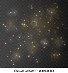 The dust is yellow. yellow sparks and golden stars shine with special light. Vector sparkles on a transparent background. Christmas light effect. Sparkling magical dust particles.