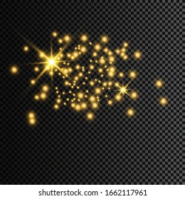 The dust is yellow. yellow sparks and golden stars shine with special light. Vector sparkles on a transparent background. Christmas light effect. Sparkling magical dust particles.