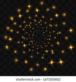 The dust is yellow. yellow sparks and golden stars shine with special light. Vector sparkles on a transparent background. Christmas light effect. Sparkling magical dust particles.