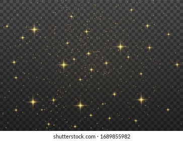 The dust is yellow. yellow sparks and golden stars shine with special light. Vector sparkles on a transparent background. Christmas light effect. Sparkling magical dust particles.