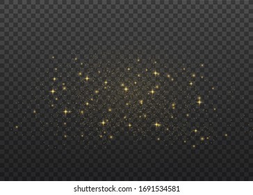 The dust is yellow. yellow sparks and golden stars shine with special light. Vector sparkles on a transparent background. Christmas light effect. Sparkling magical dust particles.