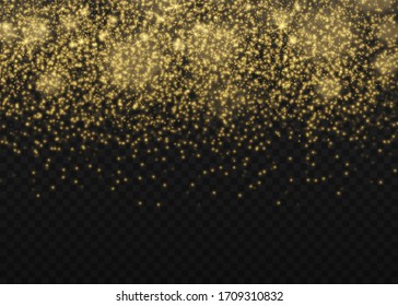 The dust is yellow. yellow sparks and golden stars shine with special light. Vector sparkles on a transparent background. Christmas light effect. Sparkling magical dust particles.