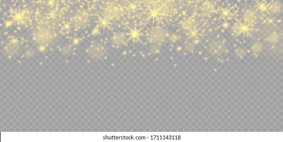 The dust is yellow. yellow sparks and golden stars shine with special light. Vector sparkles on a transparent background. Christmas light effect. Sparkling magical dust particles.