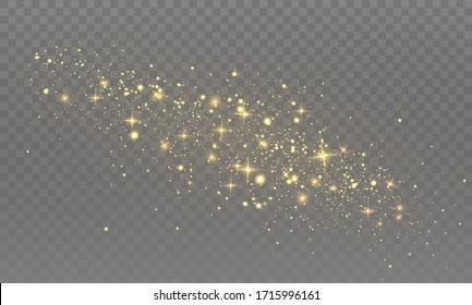 The dust is yellow. yellow sparks and golden stars shine with special light. Vector sparkles on a transparent background. Christmas light effect. Sparkling magical dust particles.