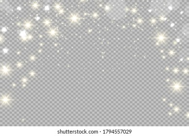 The dust is yellow. yellow sparks and golden stars shine with special light. Vector sparkles on a transparent background. Christmas light effect. Sparkling magical dust particles.