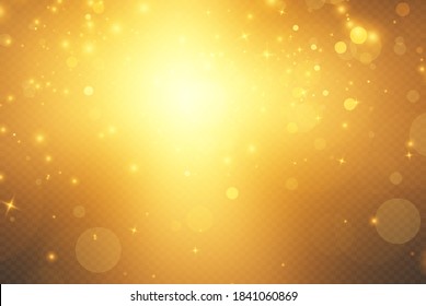 The dust is yellow. yellow sparks and golden stars shine with special light. Vector sparkles on a transparent background. Christmas light effect. Sparkling magical dust particles.