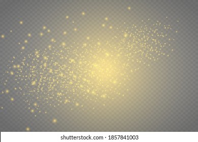 The dust is yellow. yellow sparks and golden stars shine with special light. Vector sparkles on a transparent background. Christmas light effect. Sparkling magical dust particles.