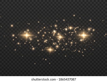 The dust is yellow. yellow sparks and golden stars shine with special light. Vector sparkles on a transparent background. Christmas light effect. Sparkling magical dust particles.