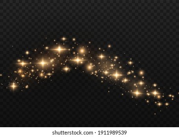 The dust is yellow. yellow sparks and golden stars shine with special light. Vector sparkles on a transparent background. Christmas light effect. Sparkling magical dust particles.