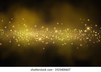 The dust is yellow. yellow sparks and golden stars shine with special light. Vector sparkles on a transparent background. Christmas light effect. Sparkling magical dust particles.