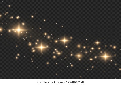 The dust is yellow. yellow sparks and golden stars shine with special light. Vector sparkles on a transparent background. Christmas light effect. Sparkling magical dust particles.