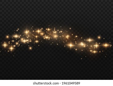 The dust is yellow. yellow sparks and golden stars shine with special light. Vector sparkles on a transparent background. Christmas light effect. Sparkling magical dust particles.