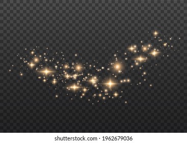 The dust is yellow. yellow sparks and golden stars shine with special light. Vector sparkles on a transparent background. Christmas light effect. Sparkling magical dust particles.