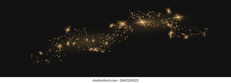 The dust is yellow. yellow sparks and golden stars shine with special light. Vector sparkles on a transparent background. Christmas light effect. Sparkling magical dust particles.
