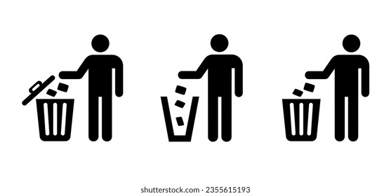 Dustbin. drawing stickman, stick figures man with litter basket or litterbin. Clean up and trashcan. Cleaning tools. Vector container logo or pictogram. Recycle, delete, hygiene box, symbol or label.