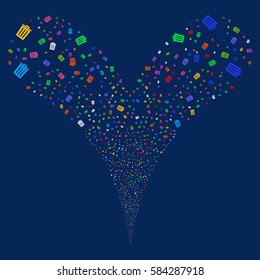 Dustbin fireworks stream. Vector illustration style is flat bright multicolored iconic symbols on a blue background. Object double fountain created from random icons.
