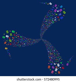 Dustbin fireworks swirl rotation. Vector illustration style is flat bright multicolored iconic symbols on a blue background. Object twirl combined from random icons.