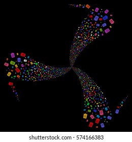 Dustbin fireworks swirl rotation. Vector illustration style is flat bright multicolored iconic symbols on a black background. Object whirlpool created from random pictograms.
