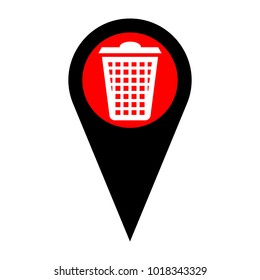 Dustbin icon. Vector. Flat white icon in red circle at black marker on white background. Isolated.