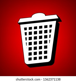 Dustbin icon. Vector. Perspective view of white icon with black outline at reddish background.
