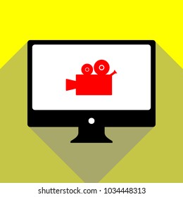 Dustbin icon. Vector. Red icon on white monitor of black all-in-one desktop computer with two shadows at yellow background.