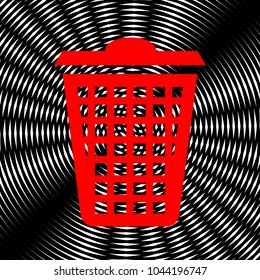 Dustbin icon. Vector. Red icon on white and black radial interference as background.