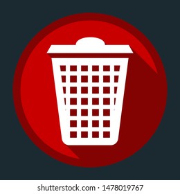 Dustbin icon. White icon with shadow on round red button at dark cyan background. Illustration.