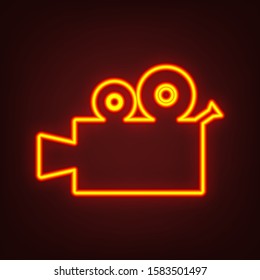 Dustbin icon. Yellow, orange, red neon icon at dark reddish background. Illumination. Illustration.