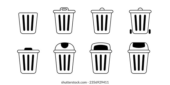 Dustbin. litter basket or litterbin. Clean up and trashcan, Waste bin. Cleaning tools. Container logo or icon. Recycle, remove, delete box. Wheelie bin. Garbage bag, container. Recyclable material