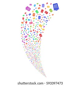 Dustbin random fireworks stream. Vector illustration style is flat bright multicolored iconic symbols on a white background. Object fountain combined from scattered design elements.