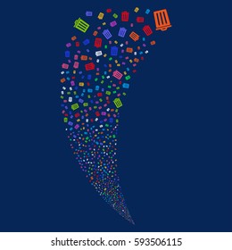 Dustbin random fireworks stream. Vector illustration style is flat bright multicolored iconic symbols on a blue background. Object fountain made from scattered pictograms.
