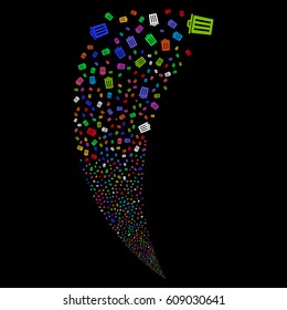 Dustbin random fireworks stream. Vector illustration style is flat bright multicolored iconic symbols on a black background. Object fountain combined from scattered symbols.