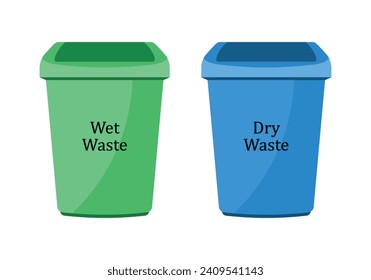 Dustbin set with wet and dry waste in blue and green color. Vector Illustration.