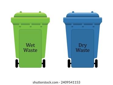 Símbolo dustbin con desechos húmedos y secos en color verde y azul. Dustbin con rueda para reciclar diferentes tipos de residuos.