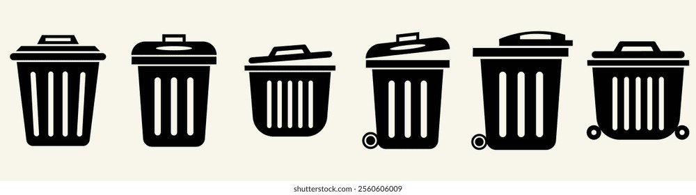 Dustbin, Trash can icon silhouette bundle isolated on a white background vector illustration.