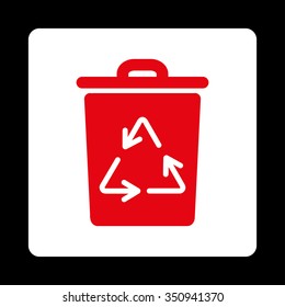 Dustbin vector icon. Style is flat rounded square button, red and white colors, black background.