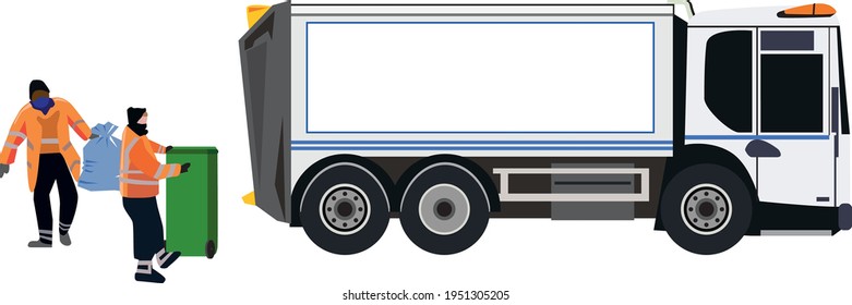 Dustcart with operatives collecting bin bags and wheelie bins svg