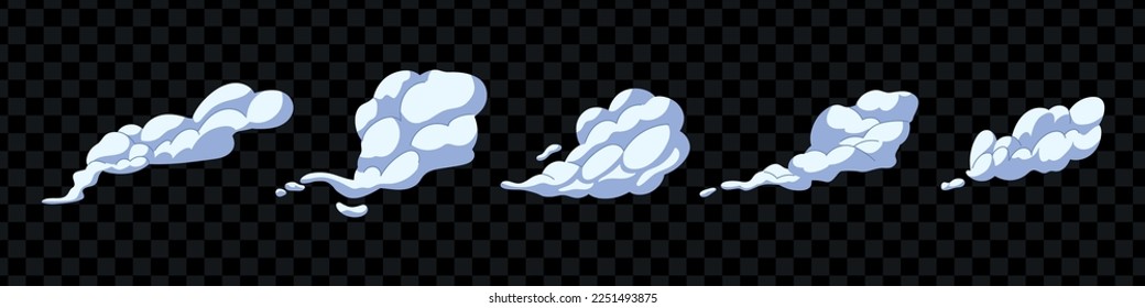 Dust,clouds and gas clouds set in cartoon style. Abstract smoky silhouette. Wind silhouette steaming, smoke explosion, comic cloud collection. Vector illustration isolated